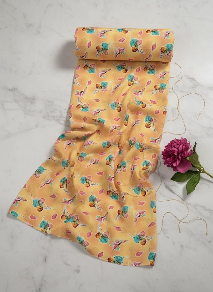 Decorative Various Color Leaves Of Rainbow Digital Printed Fabric - Pure Georgette