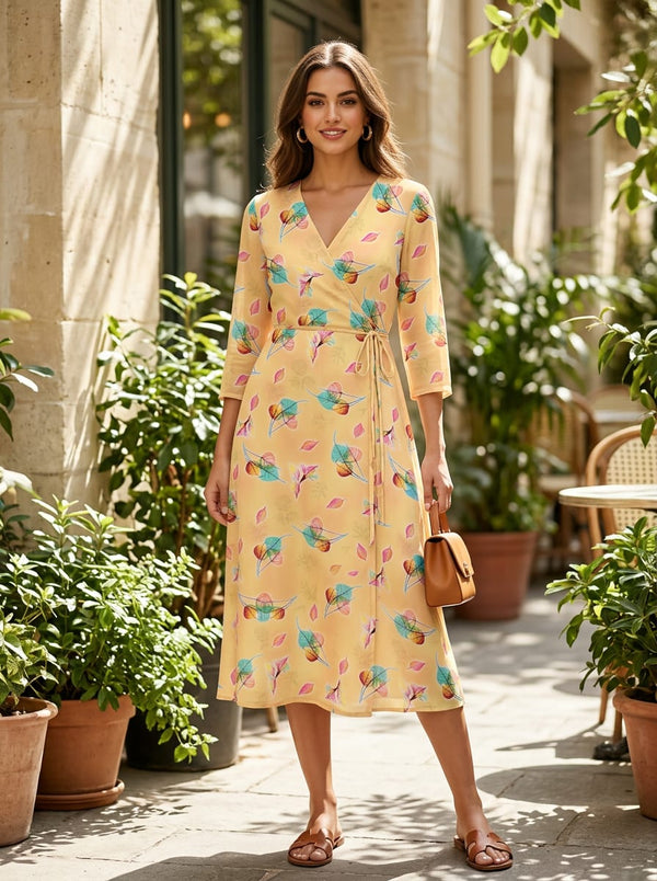 Yellow Colorful Botanical Leaf Print Pure Georgette Digital Printed Fabric - Wrap Dress Lookbook - PG-0-TA09103P3-110 - alternate view