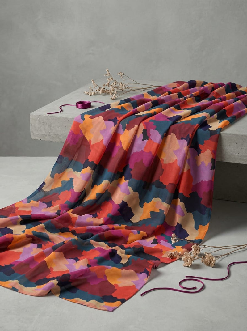 Multicolor Vibrant Abstract Camouflage Pattern Pure Chiffon Digital Printed Fabric