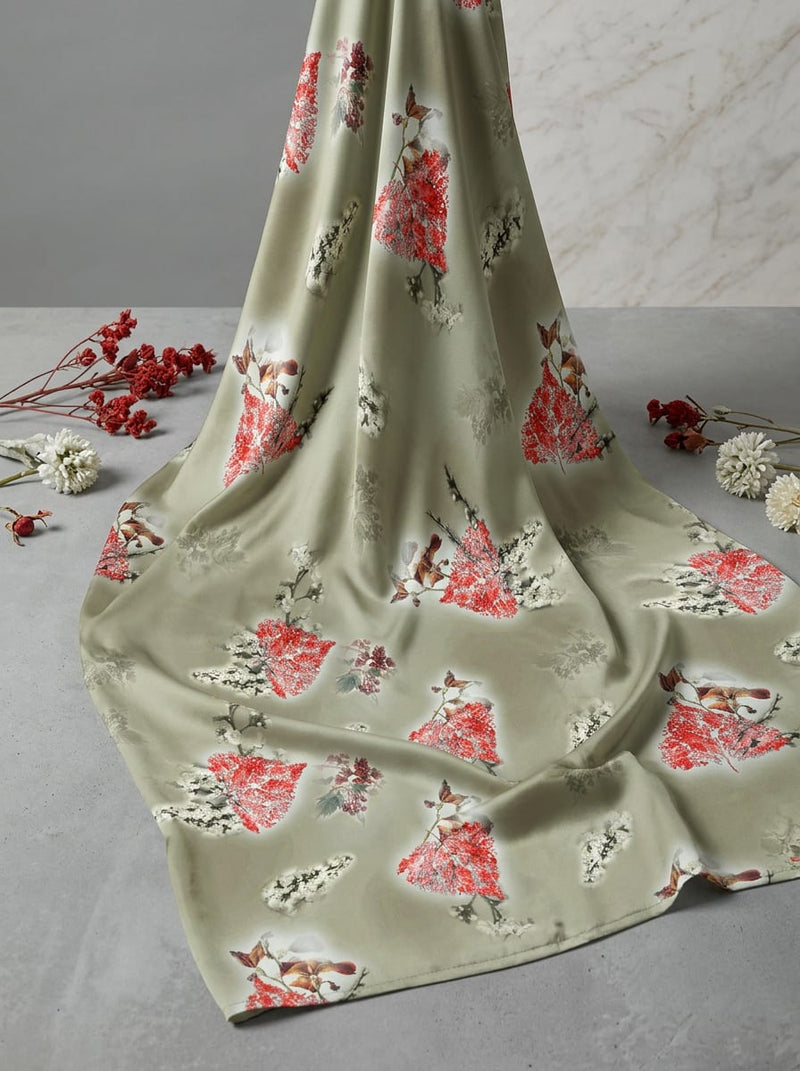 Olive Abstract Botanical Leaf Print Japan Satin Digital Printed Fabric