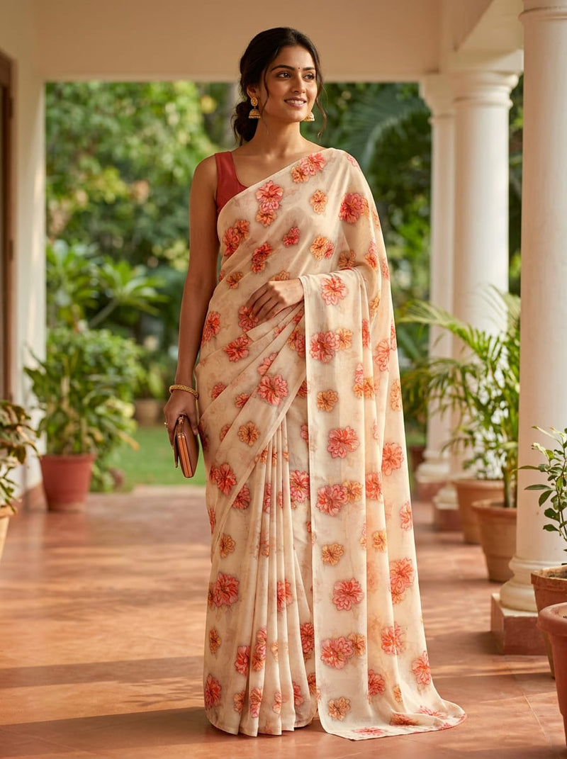Cream Scattered Dahlia Floral Pure Georgette Digital Printed Fabric