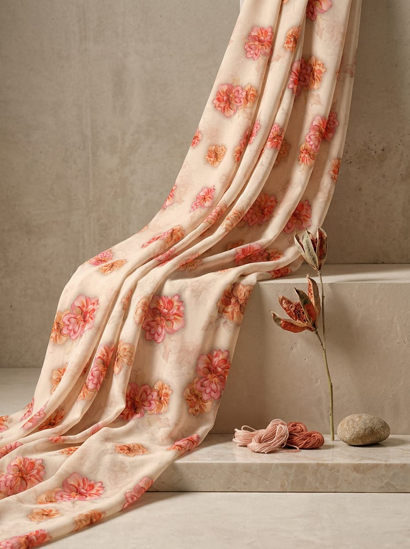 Cream Scattered Dahlia Floral Pure Georgette Digital Printed Fabric