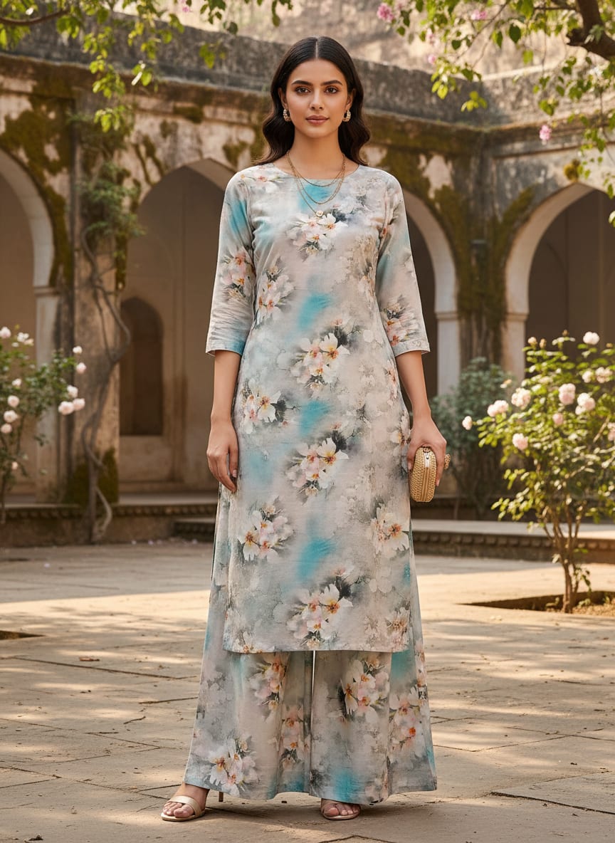 White Orchids Flower With Blue Background Digital Printed Fabric - Pure Cotton