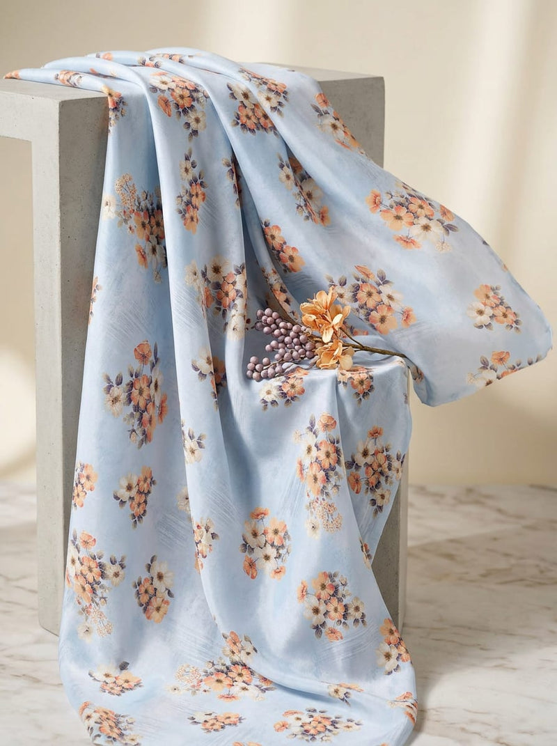 Blue Dainty Peach Floral Bouquets Weightless Digital Printed Fabric