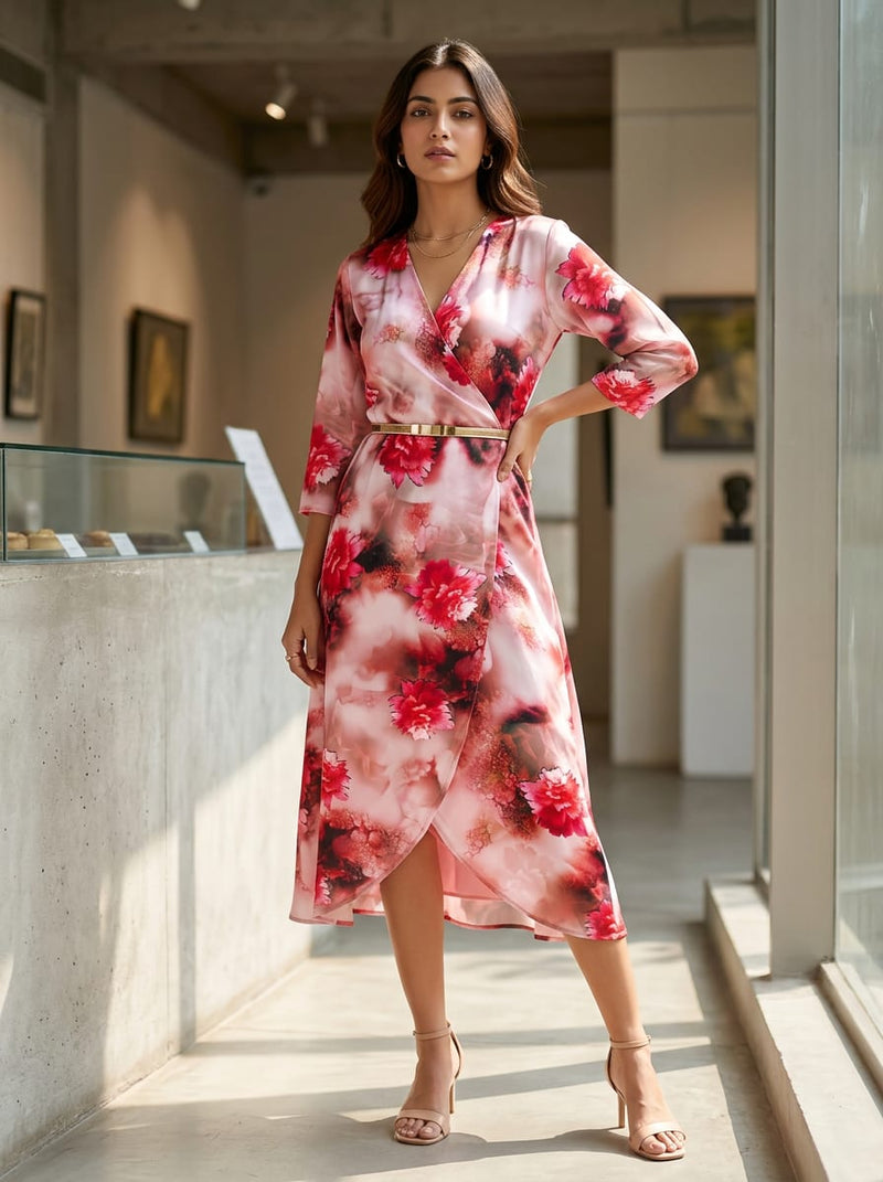 Red Abstract Carnation Floral Silk Crepe Digital Printed Fabric