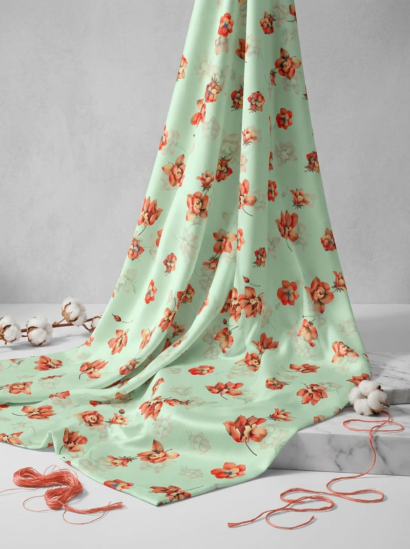 Green Scattered Watercolour Floral Japan Satin Digital Printed Fabric