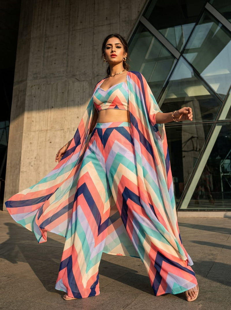 Multicolor Geometric Color Block Chevron Weightless Digital Printed Fabric