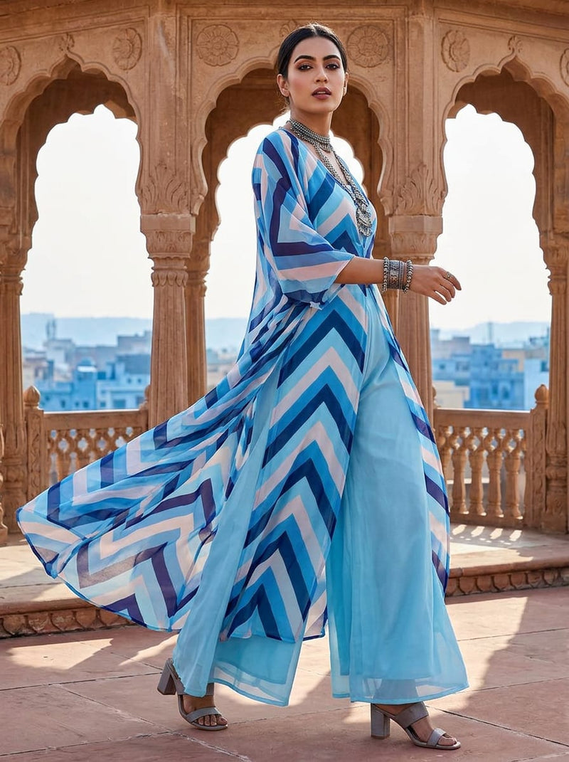 Blue Geometric Chevron Stripe Pure Georgette Digital Printed Fabric