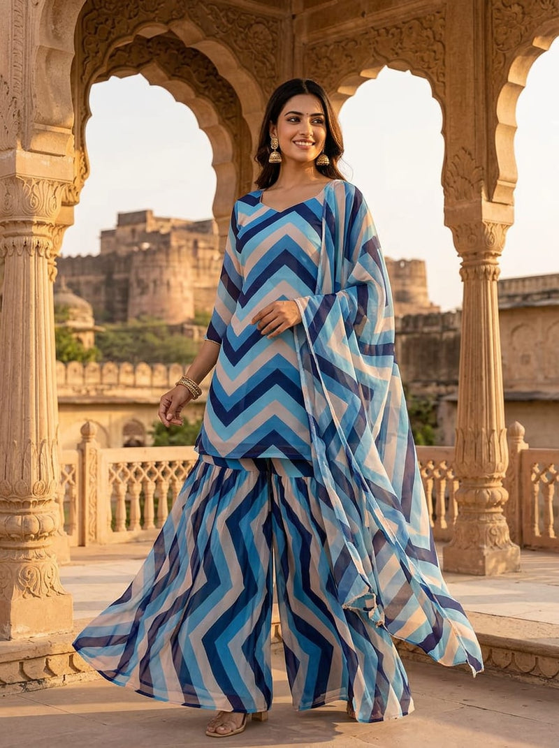 Blue Geometric Chevron Stripe Pure Georgette Digital Printed Fabric