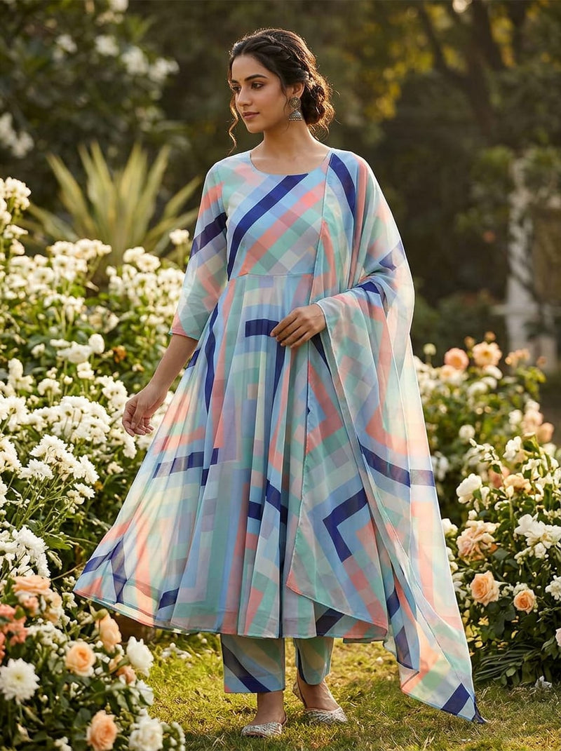 Multicolor Geometric Chevron Stripe Weightless Digital Printed Fabric