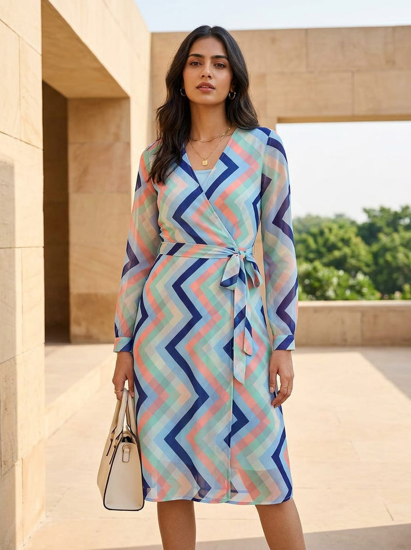 Multicolor Geometric Chevron Stripe Weightless Digital Printed Fabric