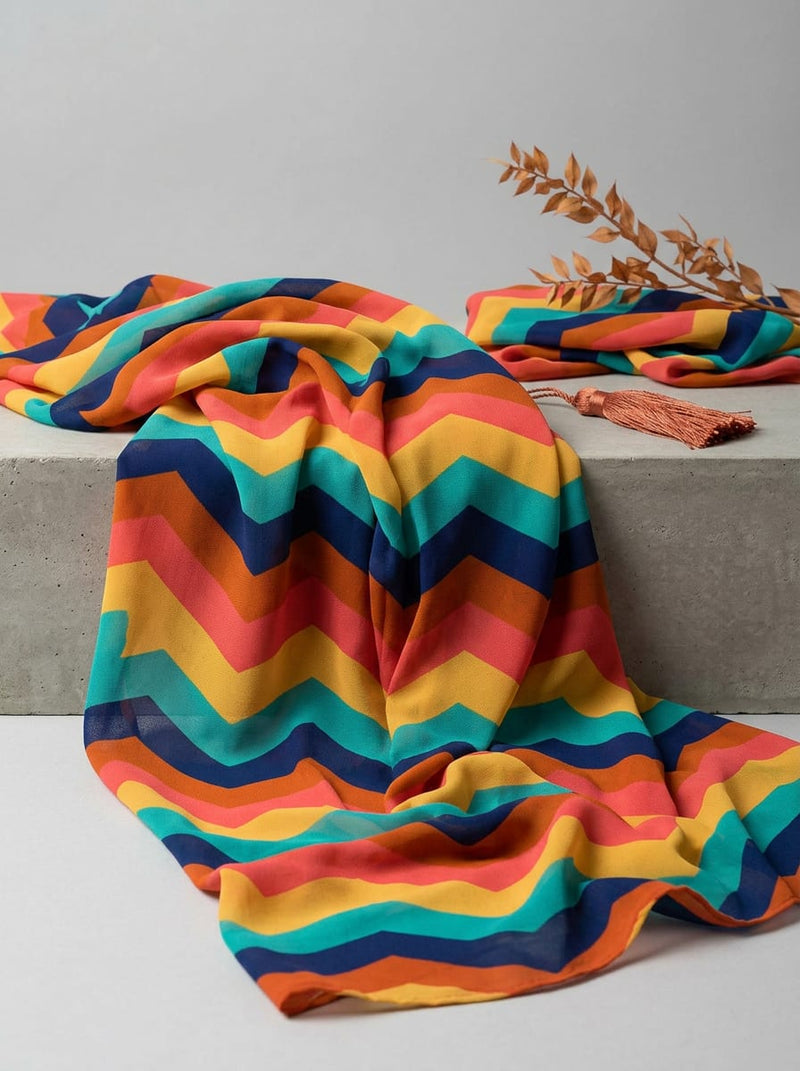 Multicolor Colorful Chevron Stripes Pure Georgette Digital Printed Fabric