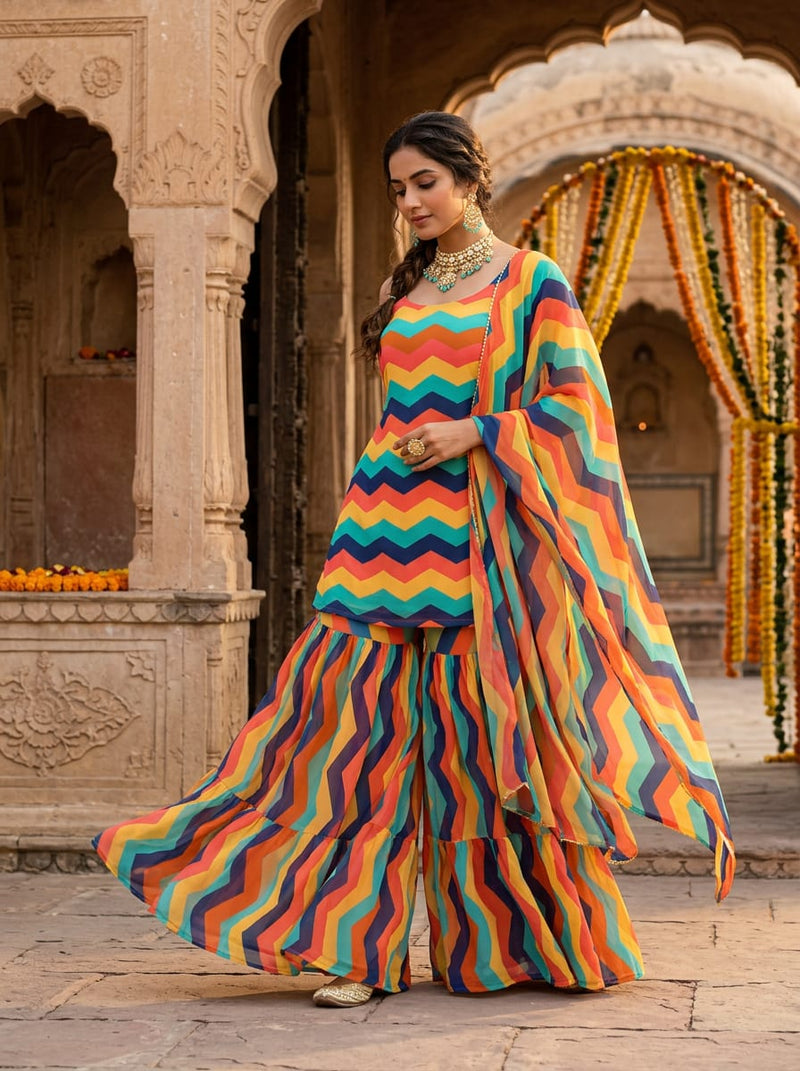 Multicolor Colorful Chevron Stripes Pure Georgette Digital Printed Fabric