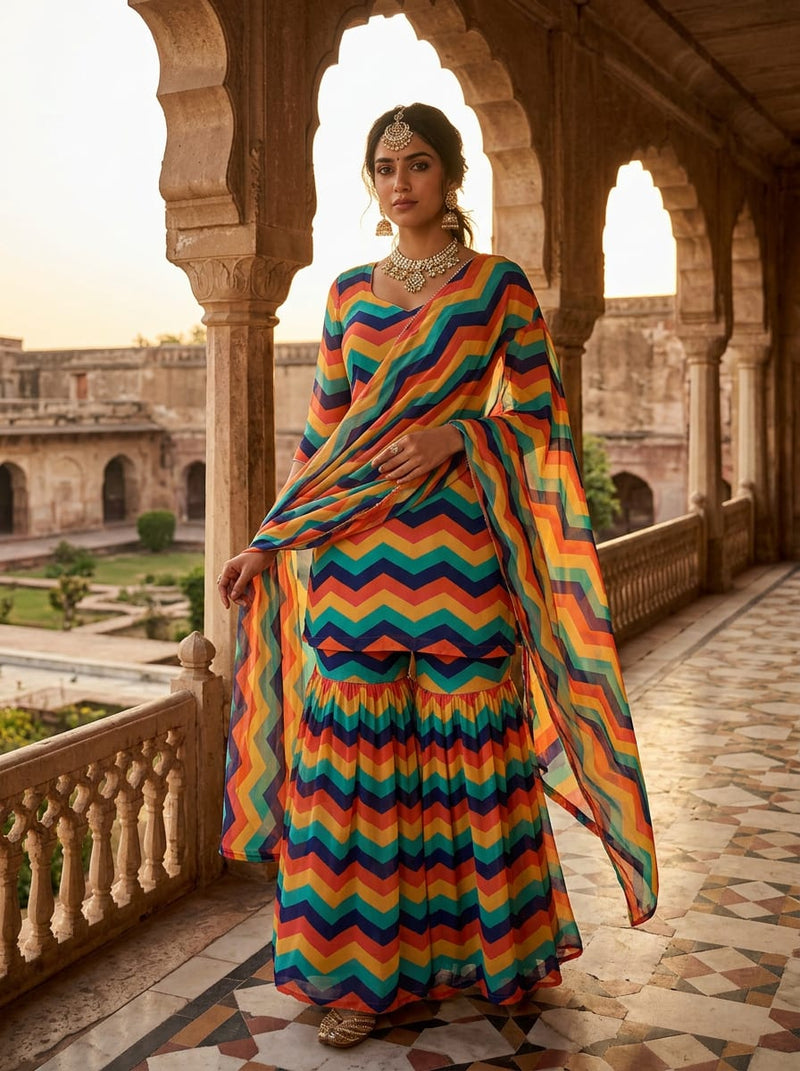 Multicolor Colorful Chevron Stripes Pure Georgette Digital Printed Fabric