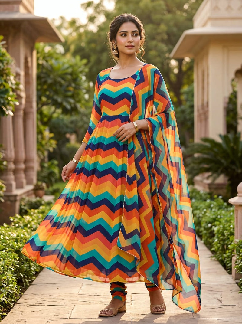 Multicolor Colorful Chevron Stripes Pure Georgette Digital Printed Fabric