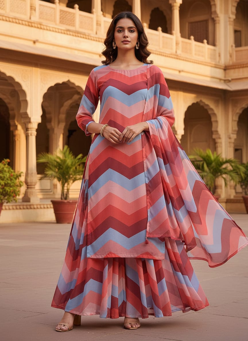 Shiny Seamless Zigzag Multicolour Digital Printed Fabric - Weightless