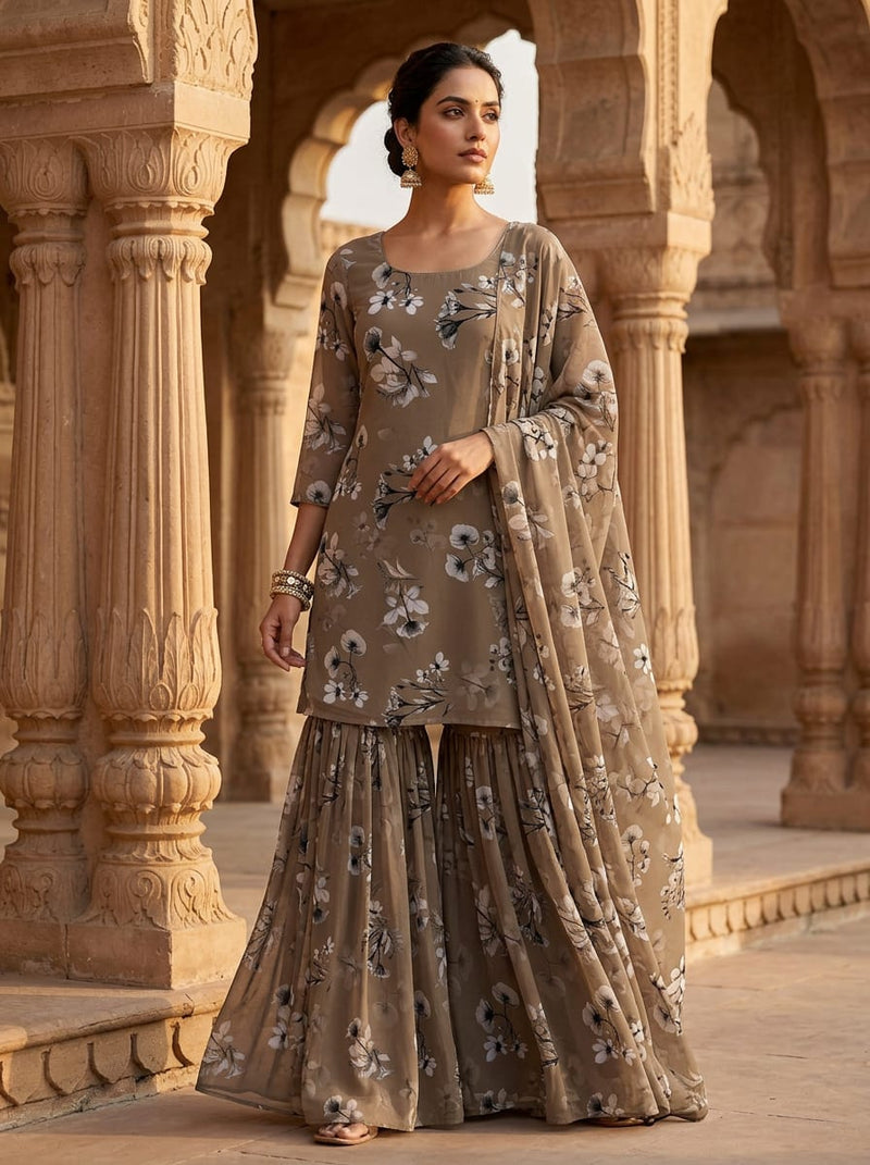 Brown Greyscale Shadow Floral Pure Georgette Digital Printed Fabric
