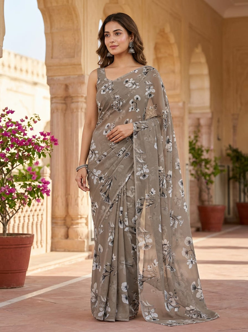 Brown Greyscale Shadow Floral Pure Georgette Digital Printed Fabric