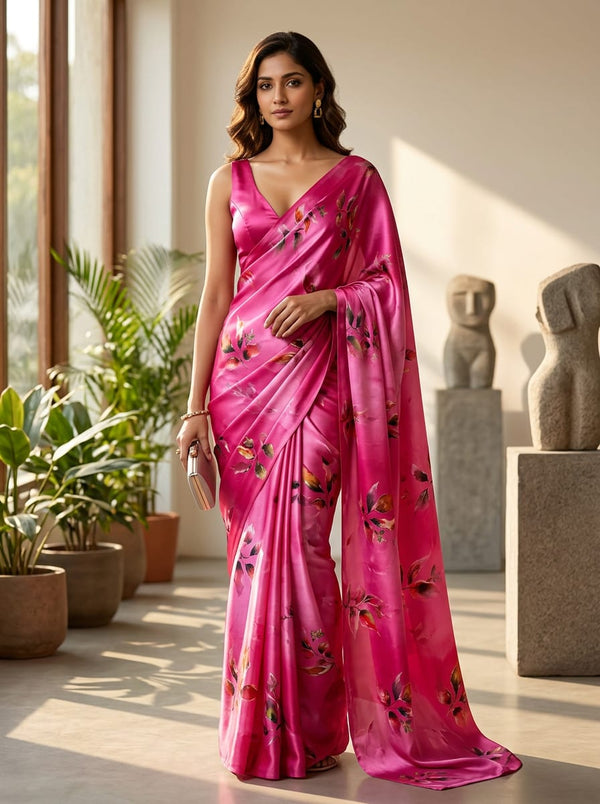 Pink Watercolor Botanical Leaves Japan Satin Digital Printed Fabric - Saree Lookbook - JS-0-TA09299P5-110 - alternate view
