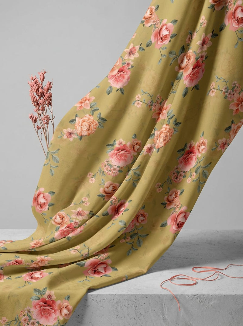 Olive Vintage Rose Floral Silk Crepe Digital Printed Fabric
