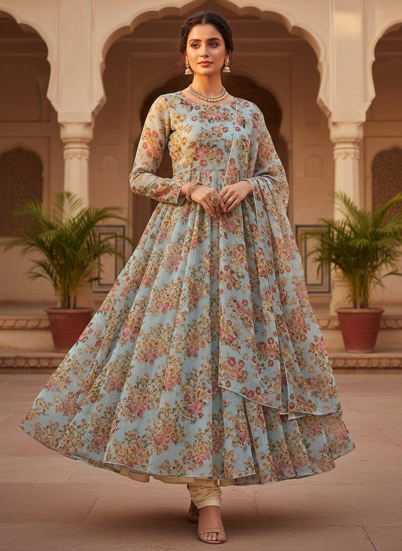 Decorative Multi Colour Flower Digital Printed Fabric - Organza