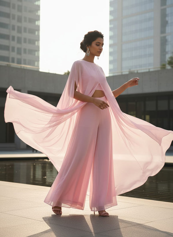 Baby Pink Colour Pure Organza Plain Dyed Fabric - Cape with Palazzo Lookbook - PLOR-0-PL2019-108 - alternate view