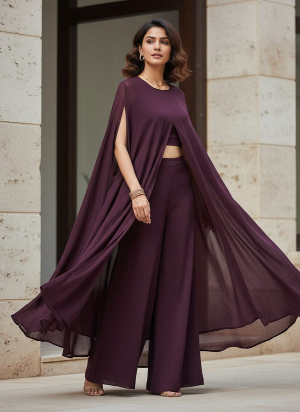 Wine Colour Pure Chinon Plain Dyed Fabric - Cape with Palazzo Lookbook - PLPC-0-PL1975-108 - alternate view