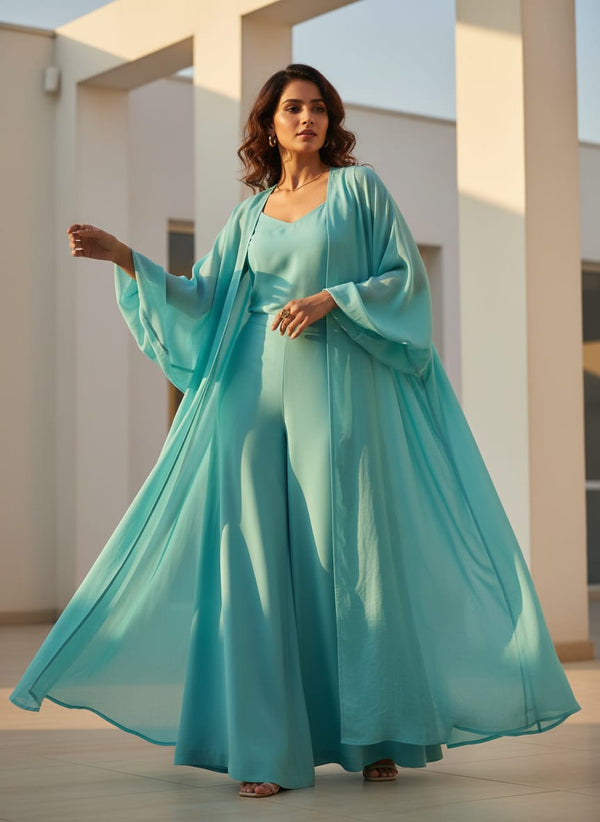 Pastel Blue Colour Pure Chinon Plain Dyed Fabric - Cape with Palazzo Lookbook - PLPC-0-PL1971-108 - alternate view