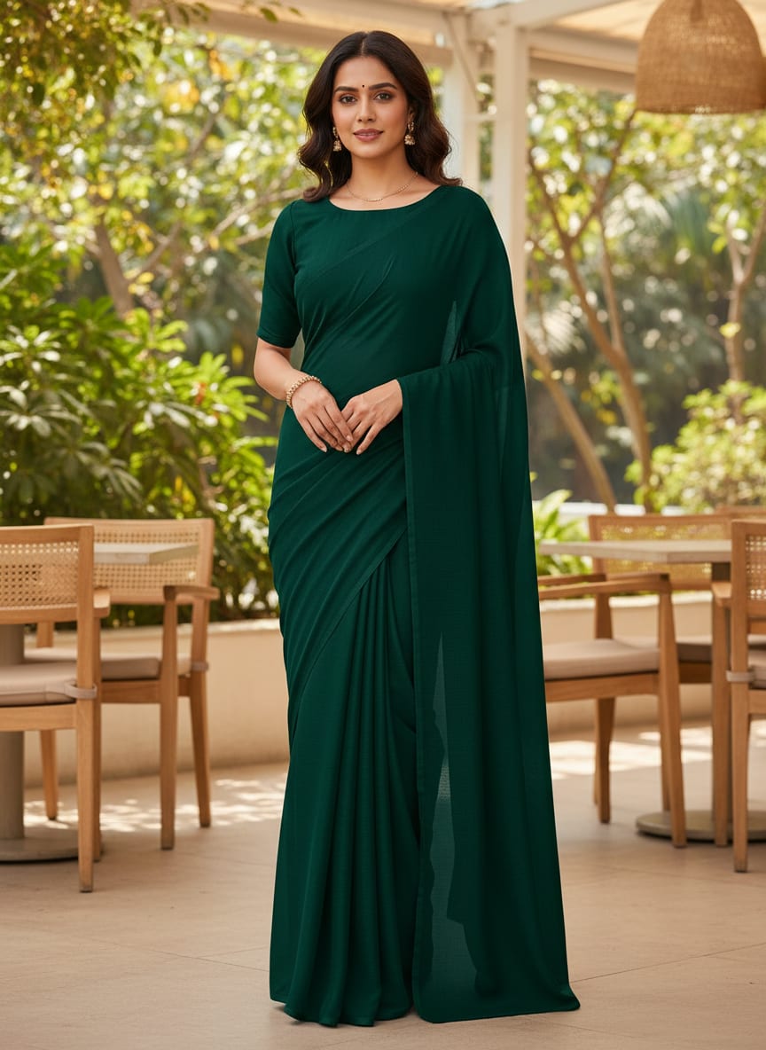 Green Colour Pure Chinon Plain Dyed Fabric