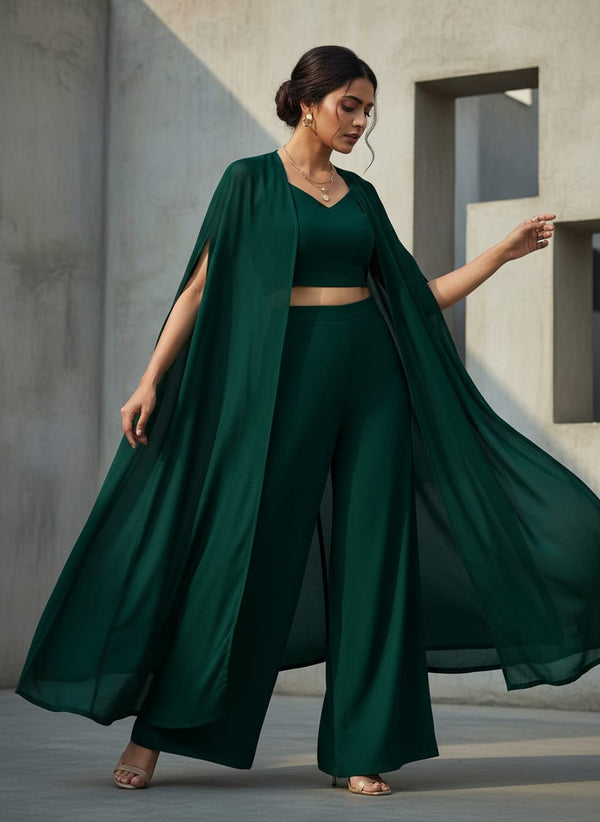 Green Colour Pure Chinon Plain Dyed Fabric - Cape with Palazzo Lookbook - PLPC-0-PL1965-108 - alternate view