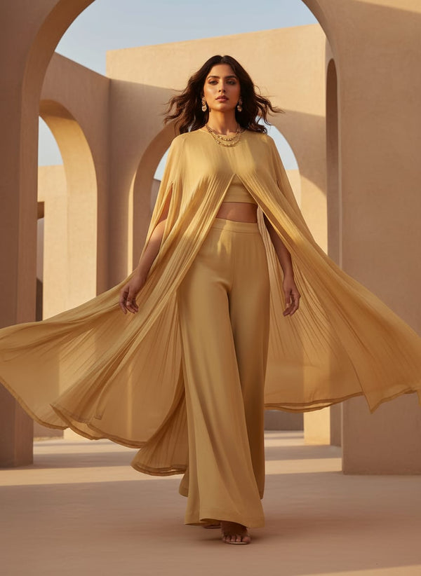 Light-Yellow Colour Pure Chinon Plain Dyed Fabric - Cape with Palazzo Lookbook - PLPC-0-PL1963-108 - alternate view
