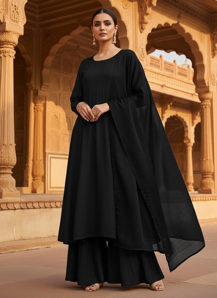 Black Colour Pure Chinon Plain Dyed Fabric