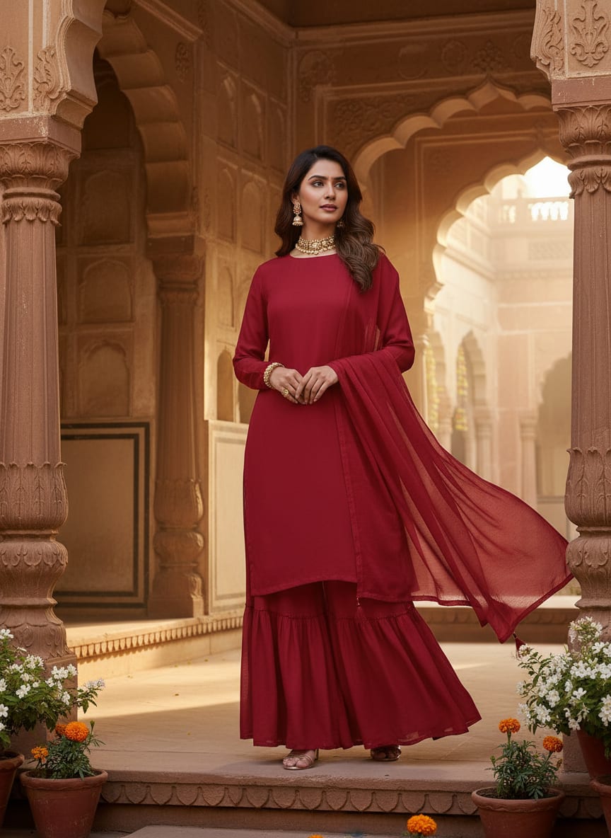 Red Colour Pure Chinon Plain Dyed Fabric