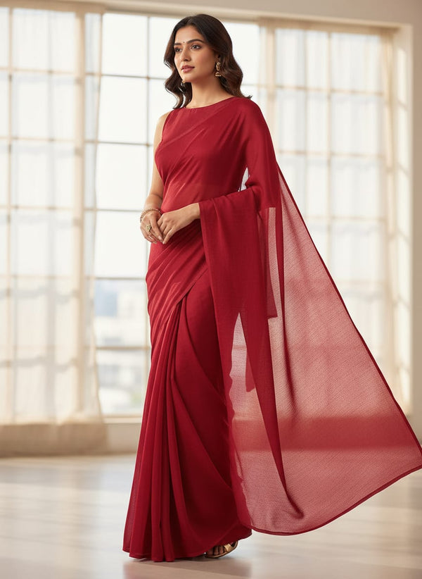 Red Colour Pure Chinon Plain Dyed Fabric - Saree Lookbook - PLPC-0-PL1961-108 - alternate view