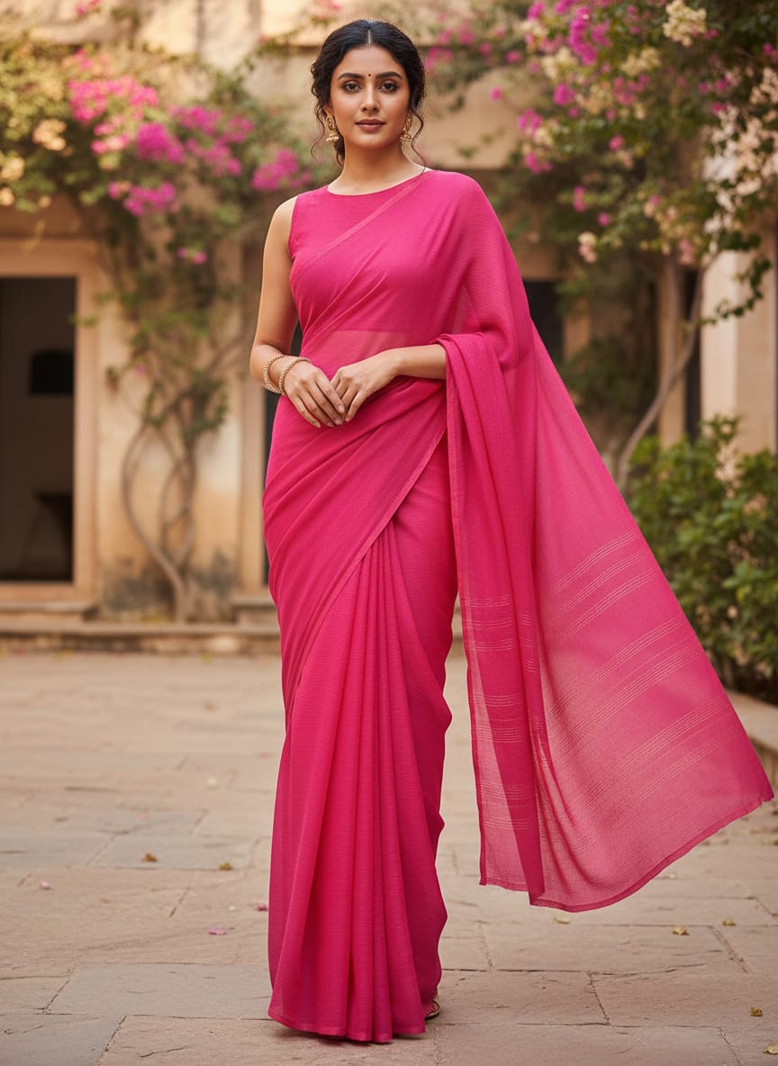 Dark Pink Colour Pure Chinon Plain Dyed Fabric