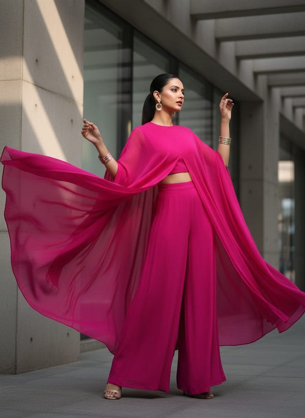 Dark Pink Colour Pure Chinon Plain Dyed Fabric - Cape with Palazzo Lookbook - PLPC-0-PL1958-108 - alternate view