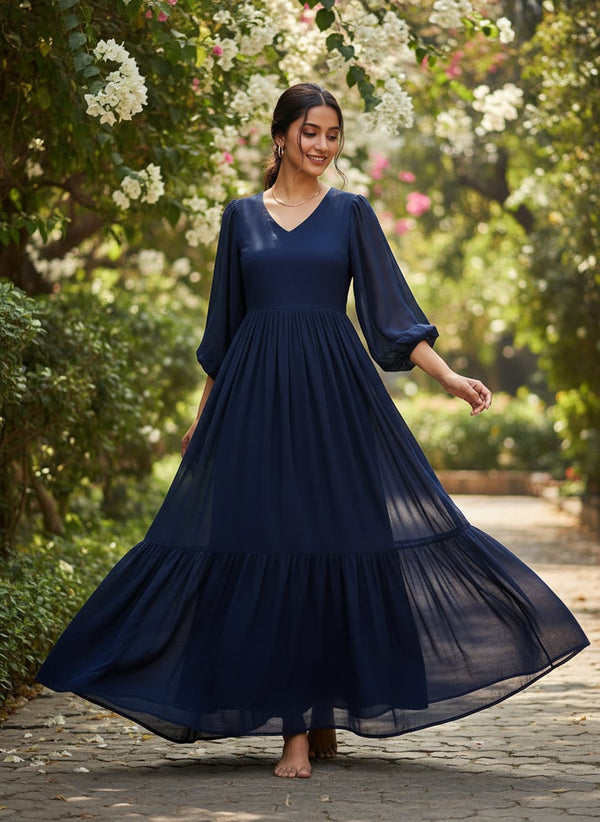 Blue Colour Pure Chinon Plain Dyed Fabric - Flowy Maxi Dress Lookbook - PLPC-0-PL1956-108 - alternate view