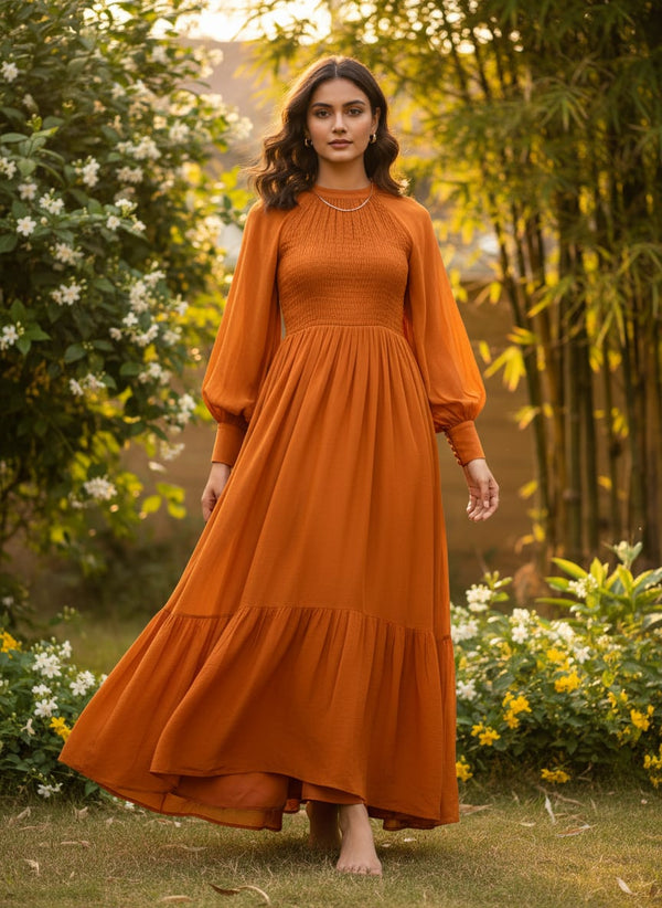 Mustard Yellow Colour Pure Chinon Plain Dyed Fabric - Flowy Maxi Dress Lookbook - PLPC-0-PL1954-108 - alternate view