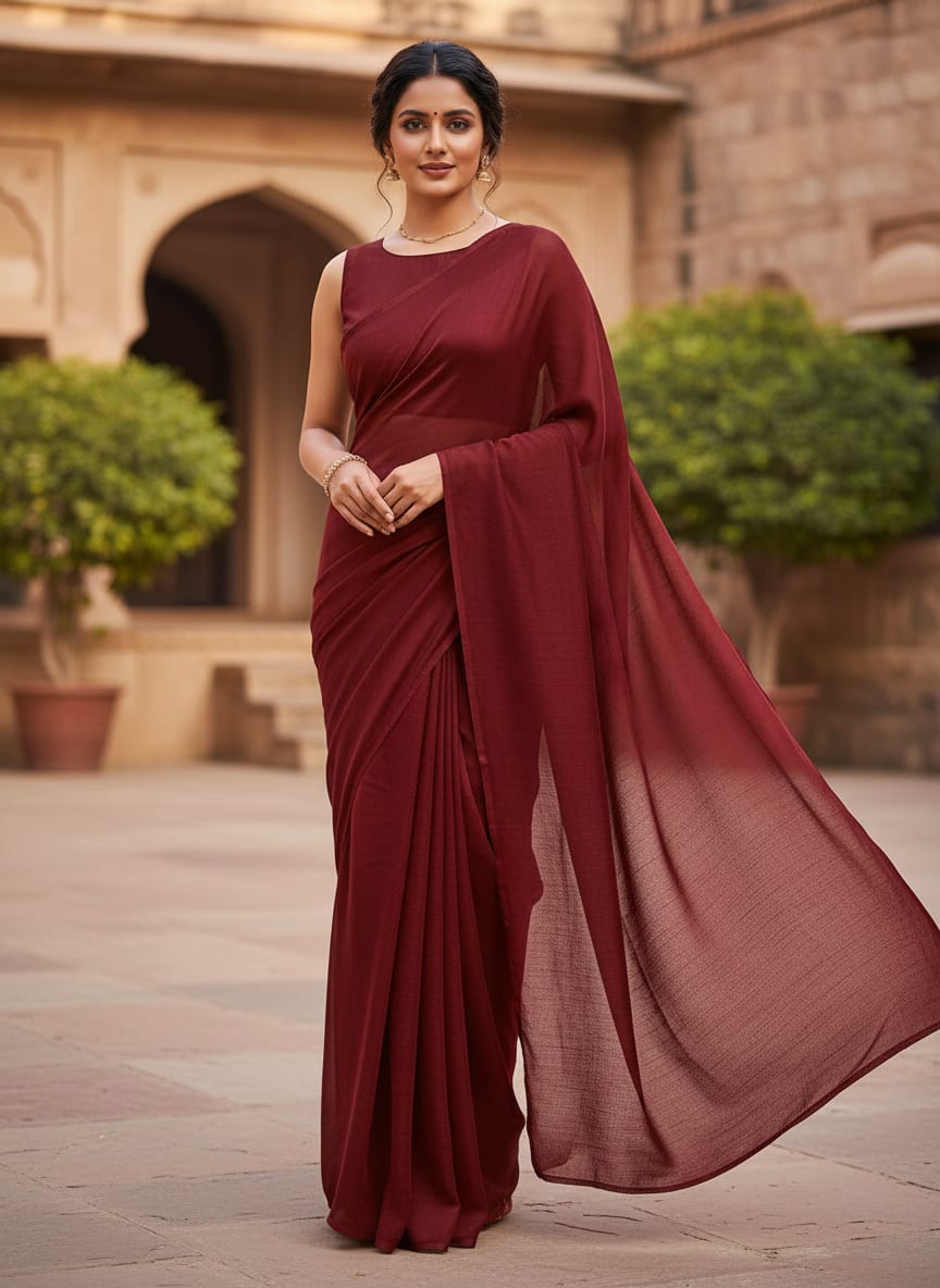 Maroon Colour Pure Chinon Plain Dyed Fabric