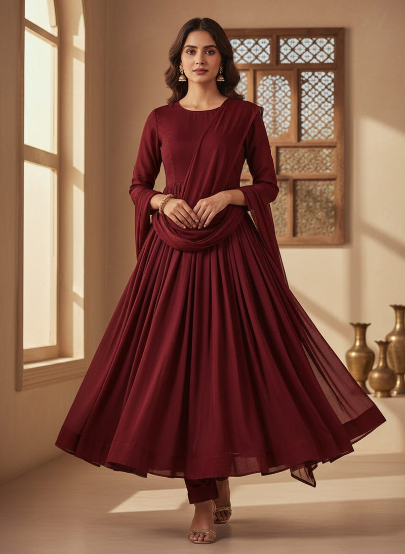 Maroon Colour Pure Chinon Plain Dyed Fabric