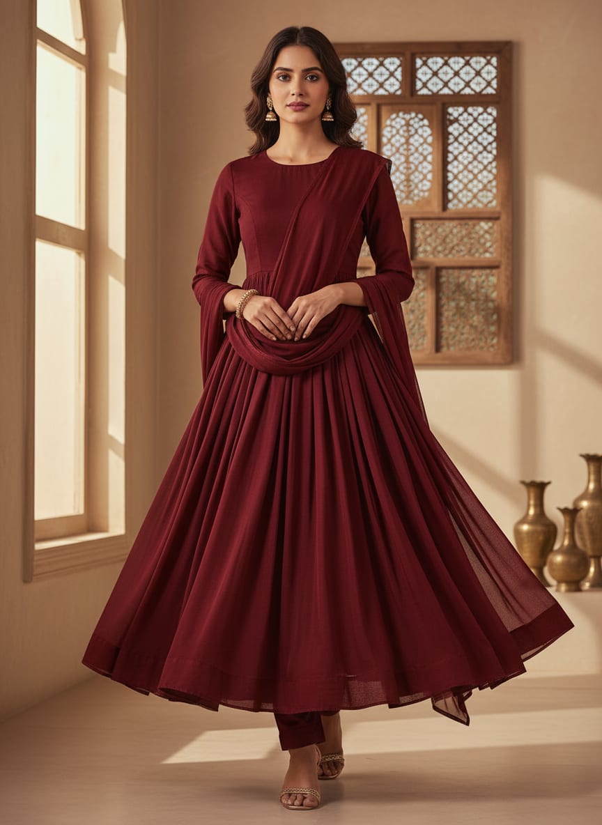 Maroon Colour Pure Chinon Plain Dyed Fabric