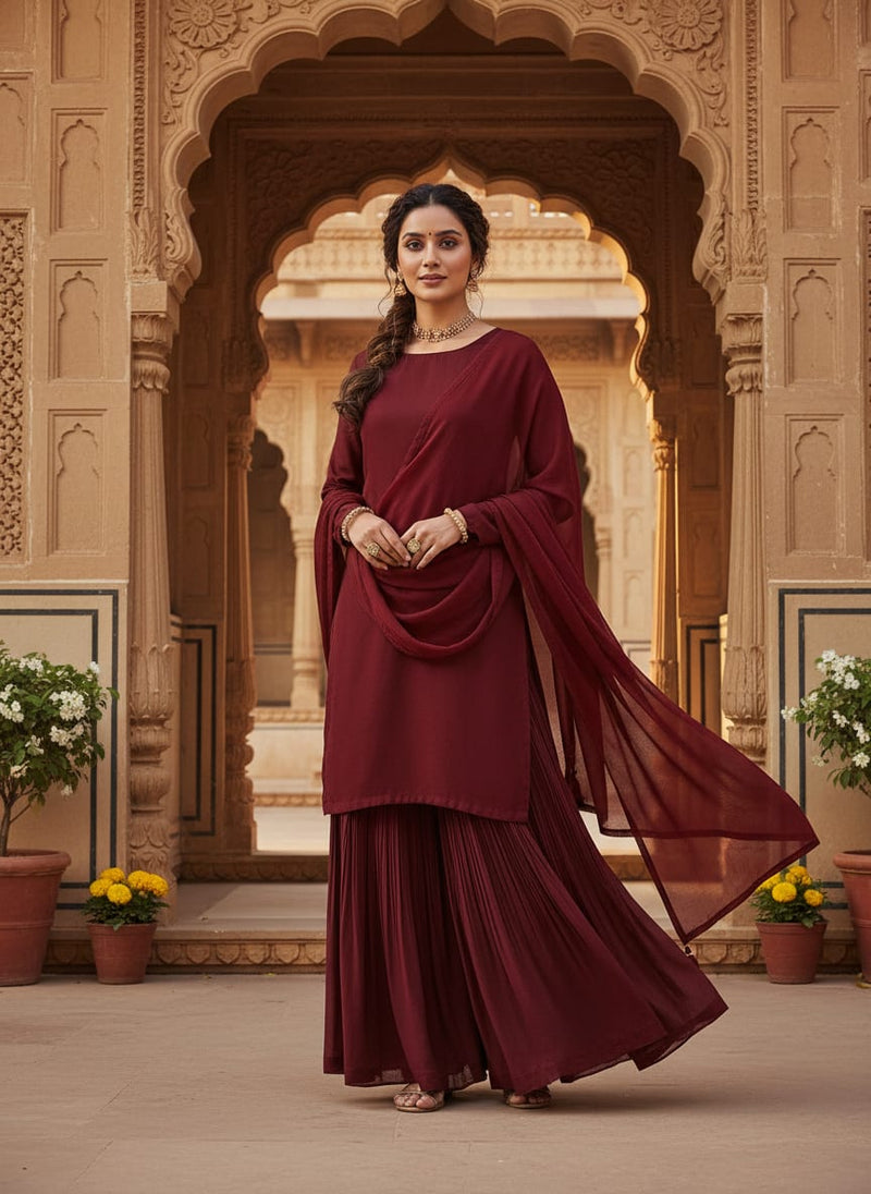 Maroon Colour Pure Chinon Plain Dyed Fabric