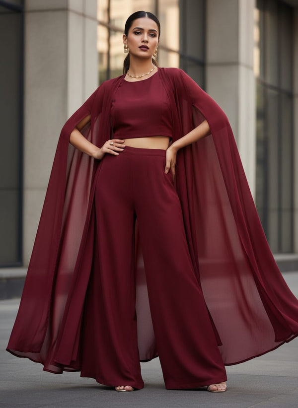 Maroon Colour Pure Chinon Plain Dyed Fabric - Cape with Palazzo Lookbook - PLPC-0-PL1952-108 - alternate view