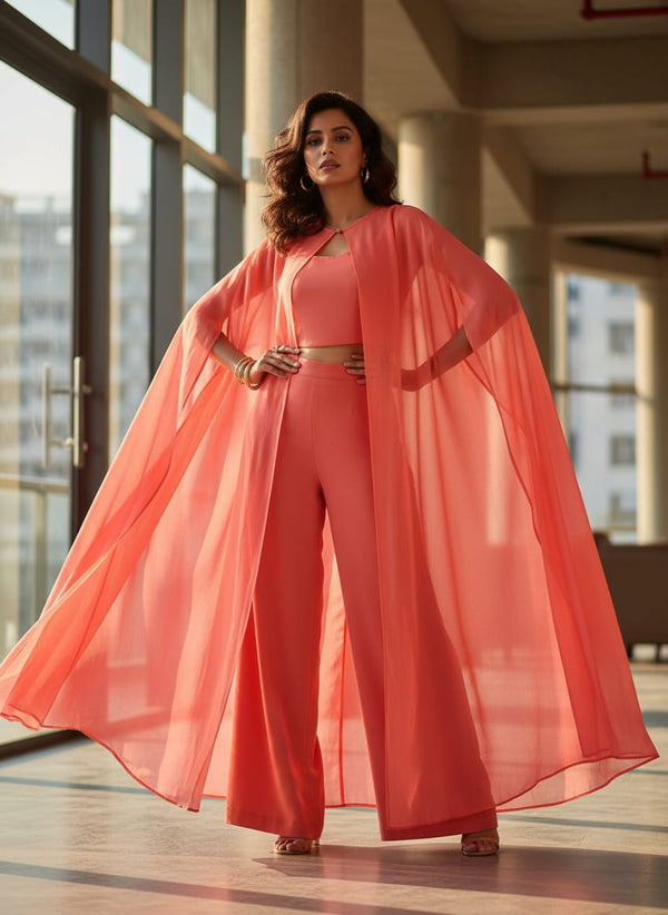 Light Gajari Colour Pure Chinon Plain Dyed Fabric - Cape with Palazzo Lookbook - PLPC-0-PL1951-108 - alternate view