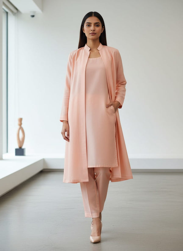 Peach Colour Pure Crepe Plain Dyed Fabric - Jacket Kurta with Straight Pants Lookbook - PLNC-0-PL1804-110 - alternate view