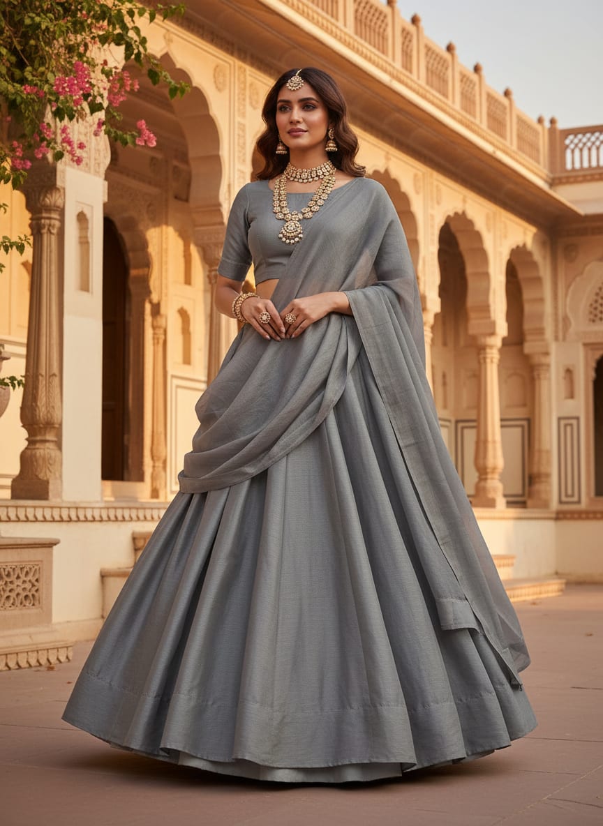 Grey Colour Upada Silk Plain Dyed Fabric