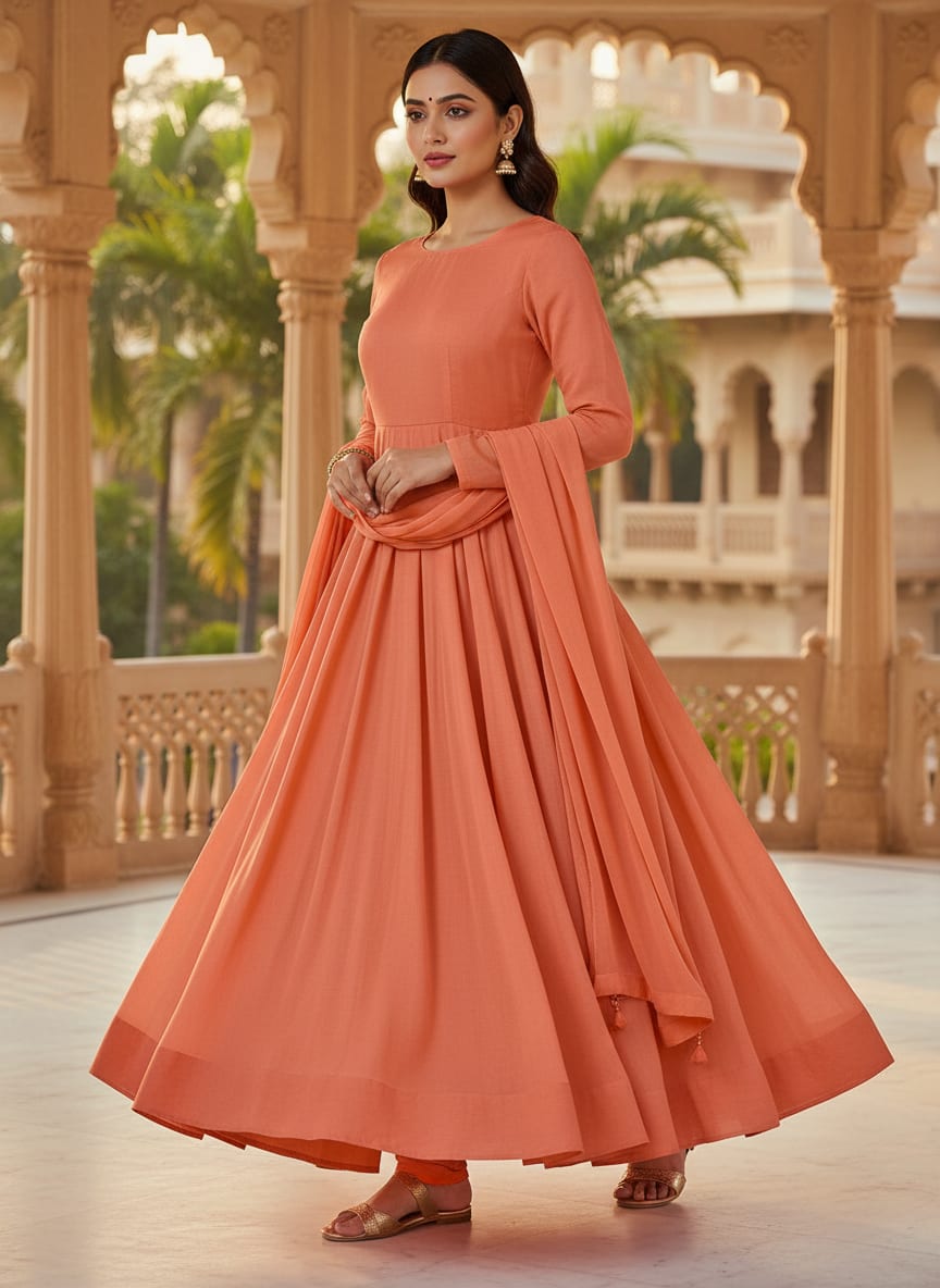 Dark Peach Colour Natural Crepe Plain Dyed Fabric