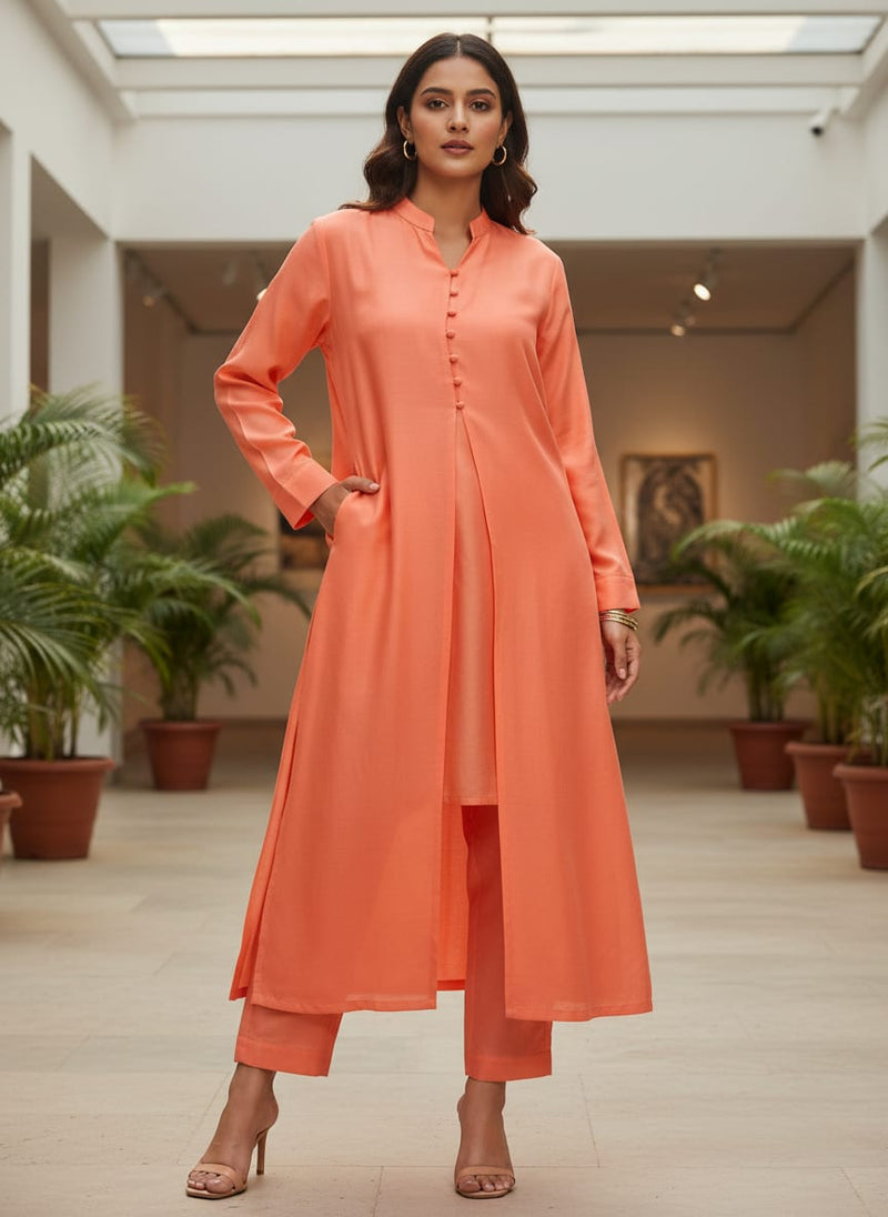 Dark Peach Colour Natural Crepe Plain Dyed Fabric