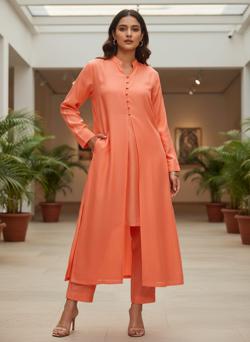 Dark Peach Colour Natural Crepe Plain Dyed Fabric