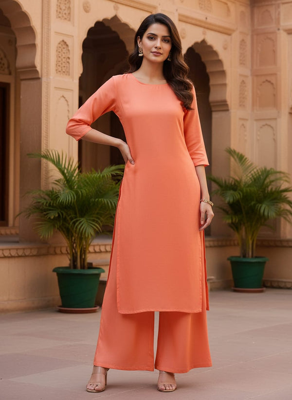 Dark Peach Colour Natural Crepe Plain Dyed Fabric - Straight Kurta with Palazzo Lookbook - PLNC-0-PL1809-110 - alternate view
